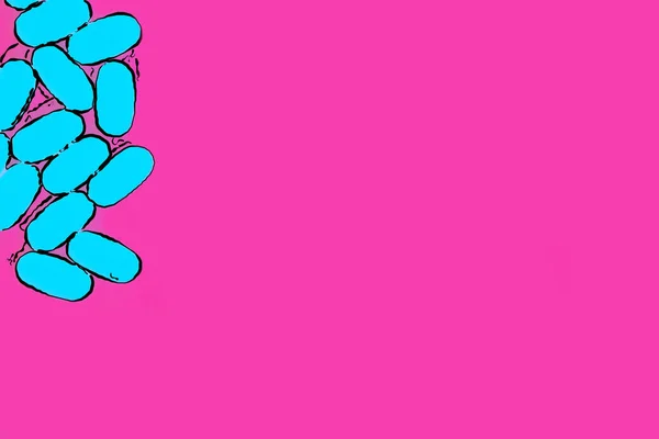 空のピンクの背景に青いビタミン薬 平らなレイアウトスタイルでスケッチイラストを描く — ストック写真
