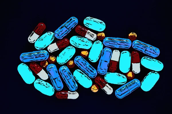 Красочные Медицинские Таблетки Плоской Lay Sketchy Иллюстрации Витаминов Химических Препаратов — стоковое фото
