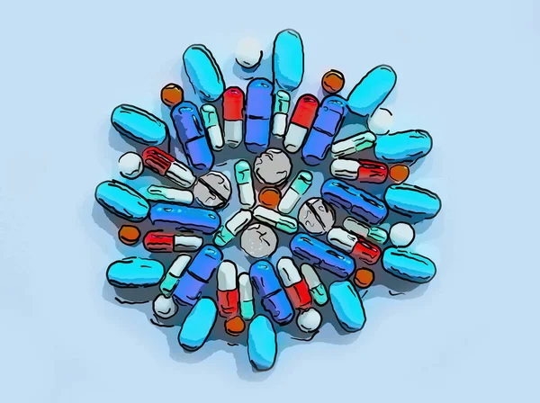 Medical Pills Flat Lay Light Blue Background Sketchy Illustration Vitamins — Stock Photo, Image