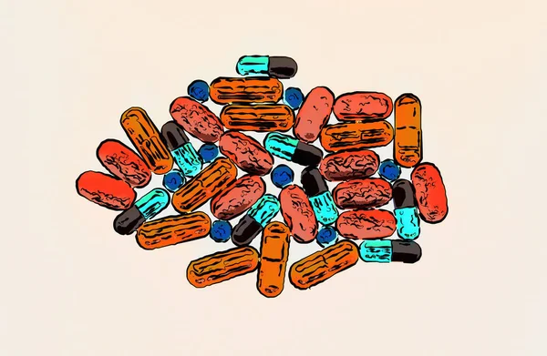 在白色的背景上孤立地放置着色彩斑斓的扁平药丸 维生素和化学药物促进健康的生动例证 用于疾病治疗和健康生活的药物 — 图库照片
