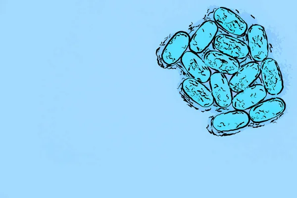 Vázlatos Rajz Illusztráció Kék Orvosi Tabletták Lapos Feküdt Üres Háttér — Stock Fotó