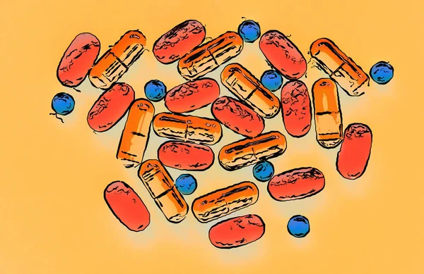 平铺在黄色背景上的医疗药丸 维生素和化学药物对健康的作用的生动例证 治疗疾病和健康生活的药物 多色药物胶囊 — 图库照片