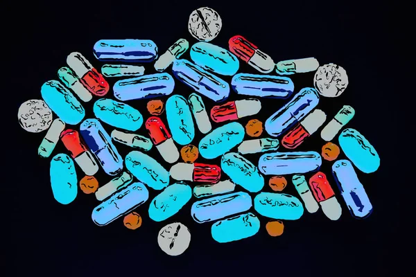 Pílulas Médicas Coloridas Lay Sketchy Plana Ilustração Vitaminas Drogas Químicas — Fotografia de Stock
