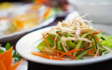 Haşlanmış beyaz etli tavuk salatası, Asya restoranında beyaz tabakta servis edilen yeşil salatalık ve havuç. Sağlıklı beslenmek için doğal malzemeli lezzetli çiğ yiyecekler.
