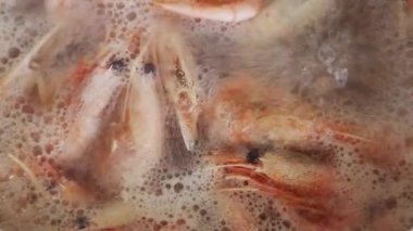 Mutfakta sıcak suda karidesler kaynıyor. Şef paella için karides pişiriyor. Restoranda egzotik Akdeniz yemekleri için deniz ürünleri pişiriliyor.