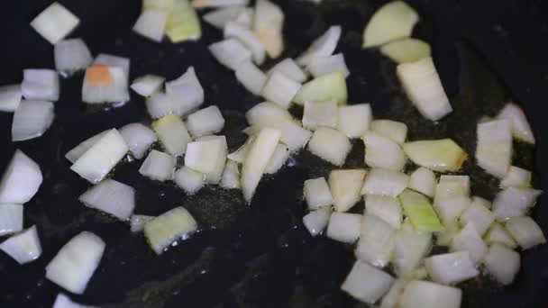 在厨房里的热锅上煎青葱的镜头 天然有机食品配料近距离烹调 — 图库视频影像