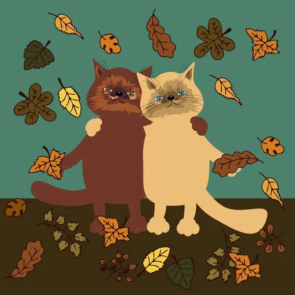 Bonito Par Gato Otoño — Vector de stock