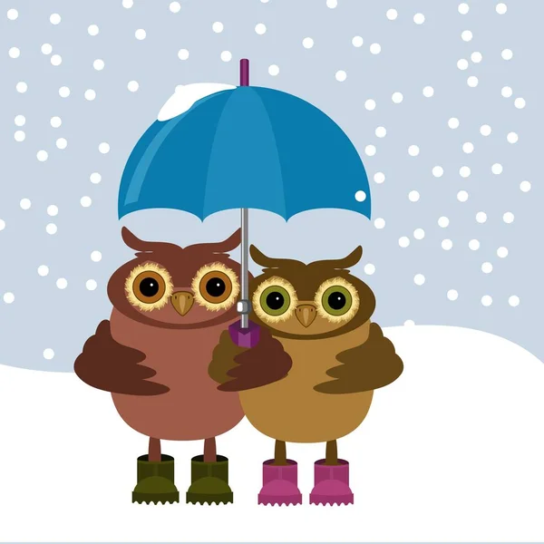 Nice Pair Owls Umbrella Winter Days — Stock Vector