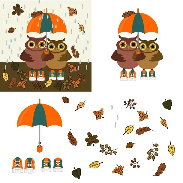 Two Owls Umbrella Rainy Day — Stock Vector