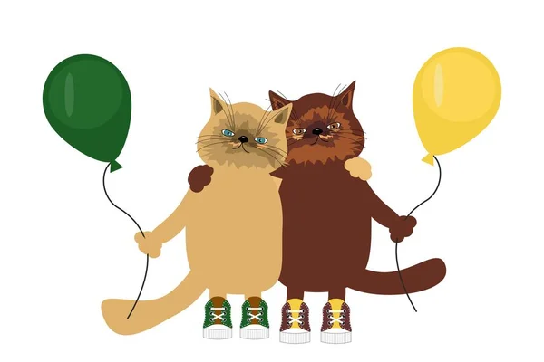 Schöne Katzen Auf Weiß Mit Luftballons — Stockvektor