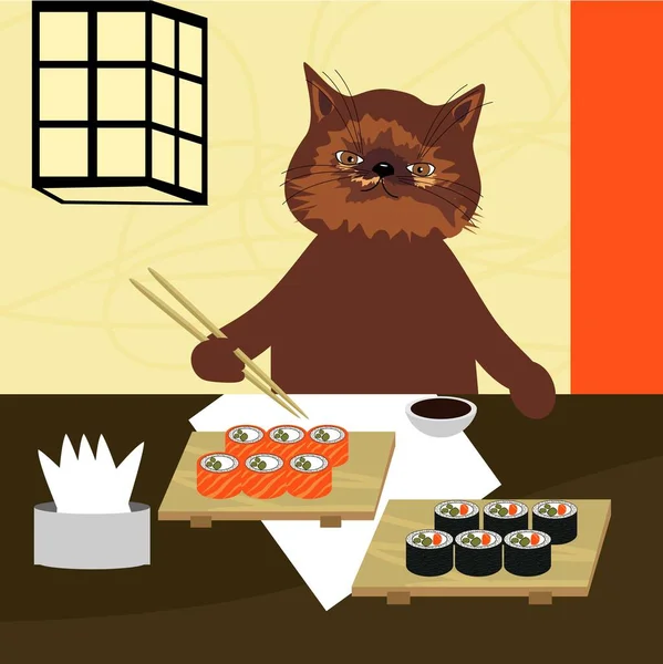 Beau Chat Avec Petits Pains Sushis — Image vectorielle