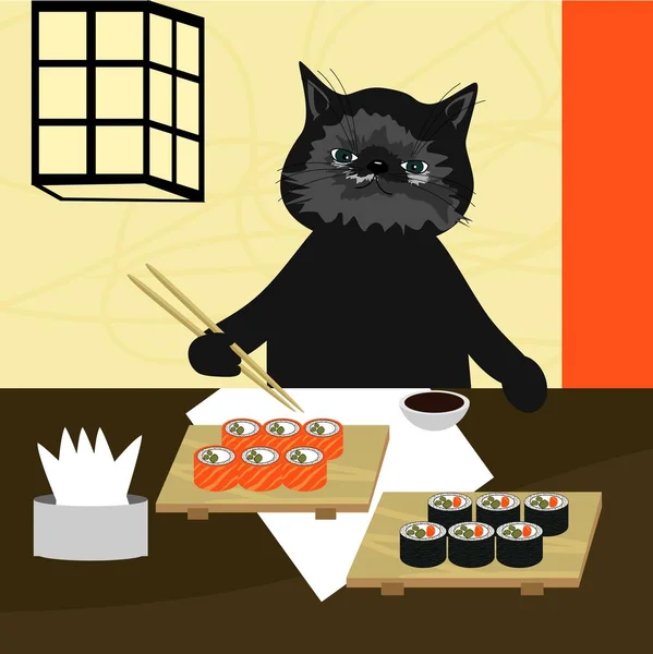 Bonito Gato Con Rollos Sushi — Vector de stock