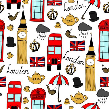 set with London objects on white background  clipart