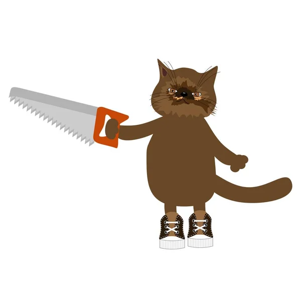 Bonito Gato Con Sierra Sobre Fondo Blanco — Vector de stock