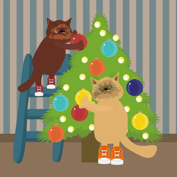 Deux Chats Nicw Décorer Arbre Noël — Image vectorielle