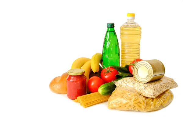 Potraviny Zásobují Krizové Zásoby Potravin Pro Izolační Období Karanténě Bílém — Stock fotografie