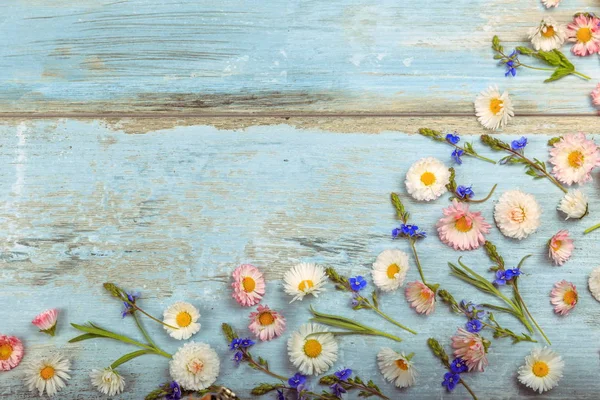 Malé pole květin na vintage omšelé dřevěné pozadí. Retro stylu květinové pozadí. — Stock fotografie