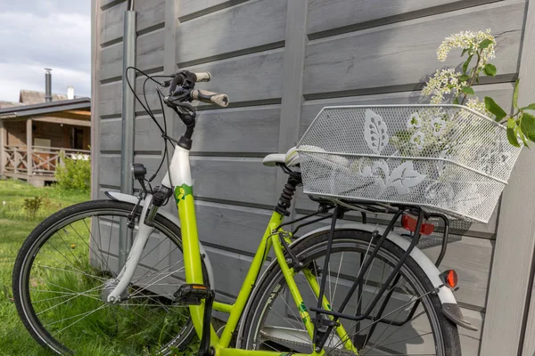 Hermosa bicicleta verde con cesta de flores — Foto de Stock