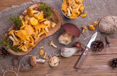 Taze mantar rustik ahşap bir masa üzerinde. Chanterelles, çörek, russula. Boşaltmak