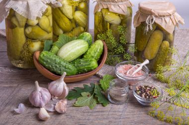 Tuzlu salatalık. Baharat ve otlar ahşap arka plan üzerinde turşu yapmak için