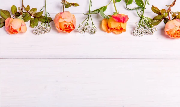 Rosas naranjas sobre fondo de madera blanca. Copiar espacio. Madres, San Valentín, Mujeres, concepto del día de la boda —  Fotos de Stock