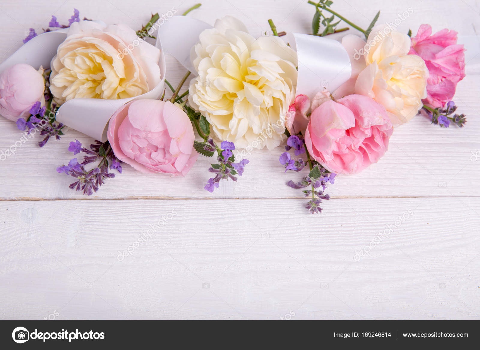 白い木の背景にお祭りの花の組成 オーバーヘッドビュー ストック写真 C Olga18x27