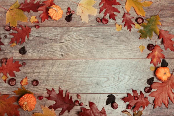 Układ jesienią kolorowe liście, Żołądź, owoc kasztanowca na podłoże drewniane z wolnego miejsca dla tekstu. Widok z góry, koncepcja sezon, stonowanych efekt retro — Zdjęcie stockowe