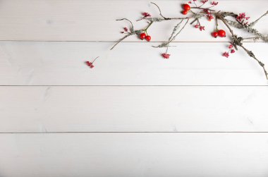 Noel, yeni yıl veya sonbahar arka plan, Noel doğal süs eşyaları ve çam dalları, çilek, rose hips ve kış dalları düz yatıyordu kompozisyon moss, metin tebrik için boş alanı ile kaplı
