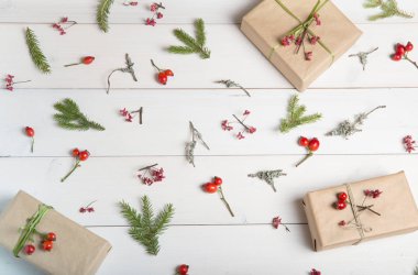 Noel, yeni yıl veya sonbahar arka plan, Noel doğal süs eşyaları ve çam dalları, çilek, rose hips ve kış dalları düz yatıyordu kompozisyon moss, metin tebrik için boş alanı ile kaplı