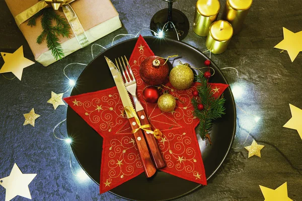 Christmas table place setting. Holidays background — Stock Photo, Image