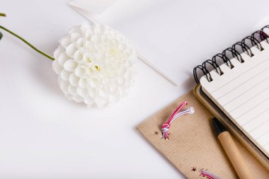 Dahlia ve not defteri, zarf, kalem beyaz arka plan üzerinde beyaz. Tebrik kartı, davet sonrası hafif pastel renkler. Doğum günü, anne, Sevgililer, kadın, düğün günü kavramı