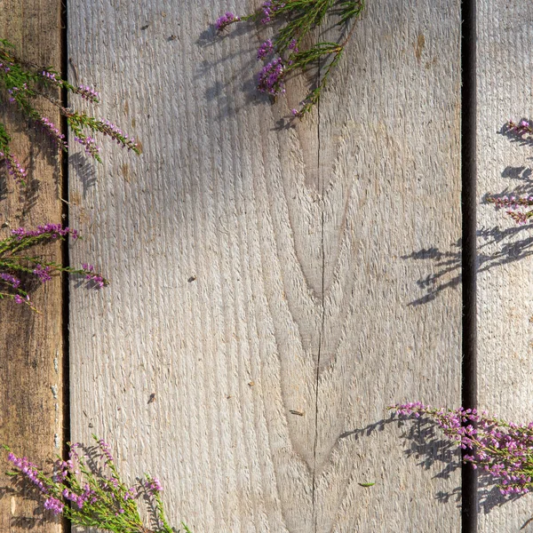 Heap of pink heather flower calluna vulgaris, erica, ling on white rustic table. Greeting card for mother or woman day. — Stock Photo, Image