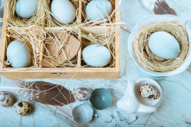 Paskalya yumurtaları ve bahar çiçekleriyle paskalya arkaplanı. Kopyalama alanı olan üst görünüm