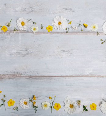 Beyaz çiçekler cosmea veya evren ile şerit beyaz tahtalar üzerinde bir buket. El yapımı ahşap masa arka plan üzerinde Bahçe sarı çiçekler. Zemin kopya alanı ile.