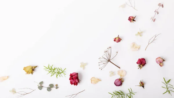 Composición floral festiva sobre fondo de madera blanca. Vista aérea — Foto de Stock