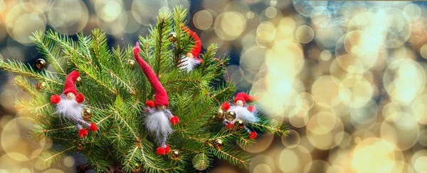 Stendardo di Natale, gnomi di Natale sull'albero, scintille, sfondo fiabesco splendente . — Foto Stock