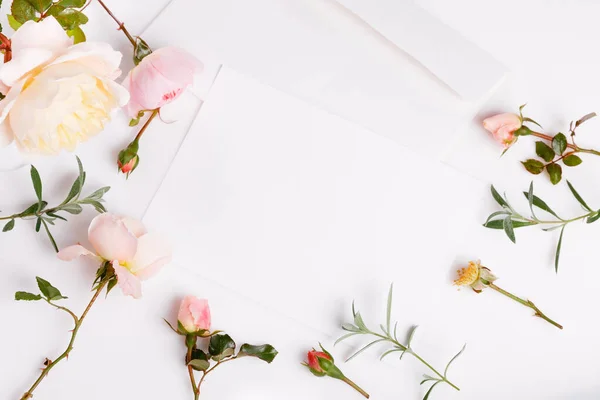 Letra, sobre blanco sobre fondo blanco con rosa rosa inglesa rosa. Tarjetas de invitación o carta de amor . — Foto de Stock