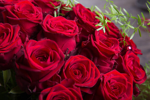 Luxury bouquet made of red roses in flower shop Valentines Bouquet of red roses