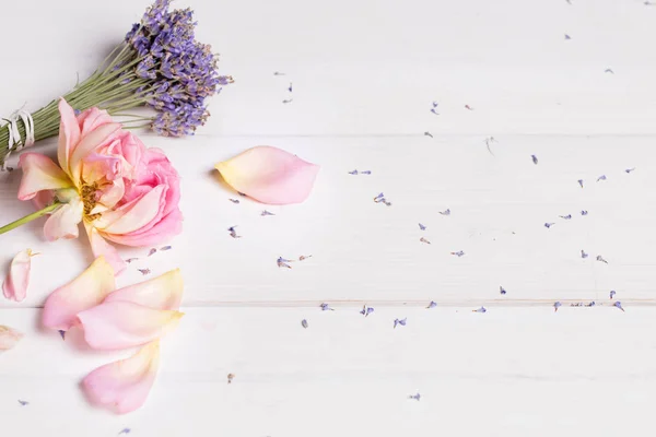 Ramo de flores de lavanda y rosa rosa, bandera, spa, concepto de belleza — Foto de Stock