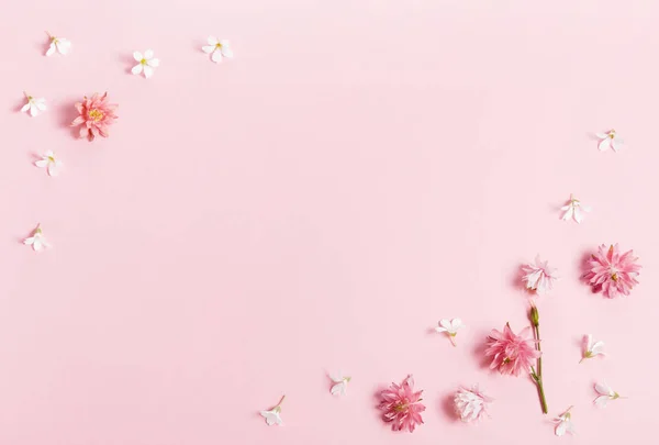 Composición de flores festivas. Marco hecho de flores pequeñas de color rosa y púrpura sobre fondo rosa . — Foto de Stock