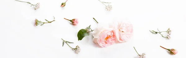 Composição de flor festiva no fundo de madeira branco. Vista aérea — Fotografia de Stock