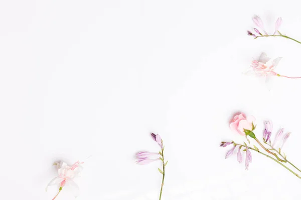 Feestelijke bloemcompositie op de witte achtergrond. Bovenaanzicht — Stockfoto