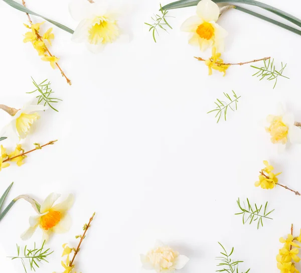 Marco de primavera de pequeñas flores y narcisos, arreglo floral — Foto de Stock
