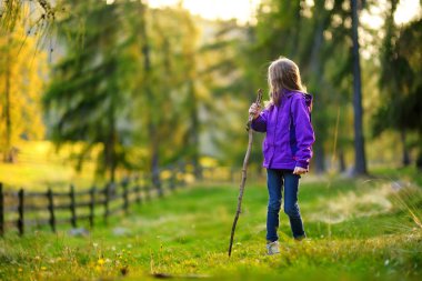Sevimli küçük kız eğleniyor orman yürüyüşü sırasında güzel sonbahar gününde