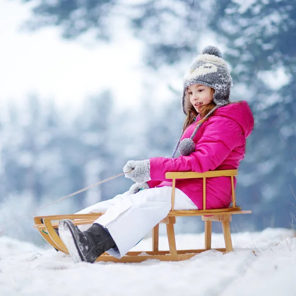 Engraçado menina se divertindo com um sleight — Fotografia de Stock