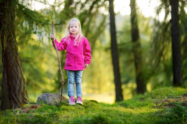 可爱的小女孩在森林徒步旅行期间在美丽的秋日开心 — 图库照片