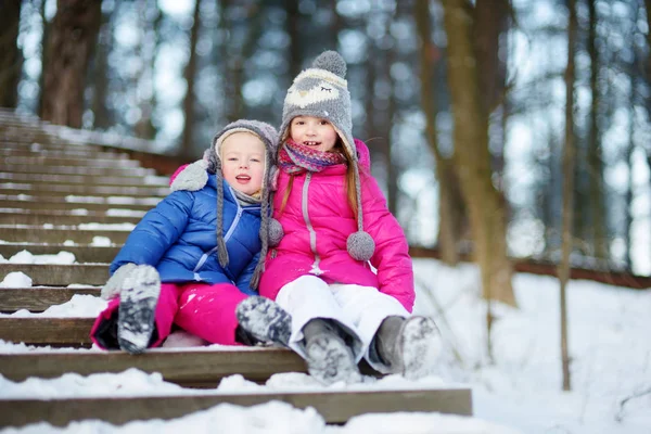 Dwa urocze śmieszne małe siostry w winter park — Zdjęcie stockowe