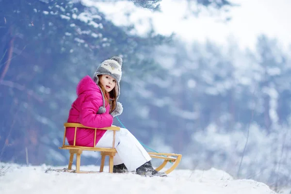 Funny little girl having fun with a sleight — Stock Photo, Image