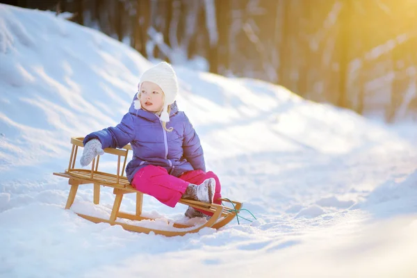 Funny little girl having fun with a sleight — Stock Photo, Image