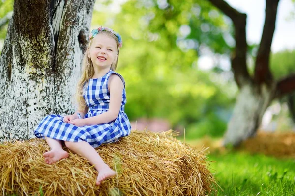 Malá dívka sedící na stohu — Stock fotografie